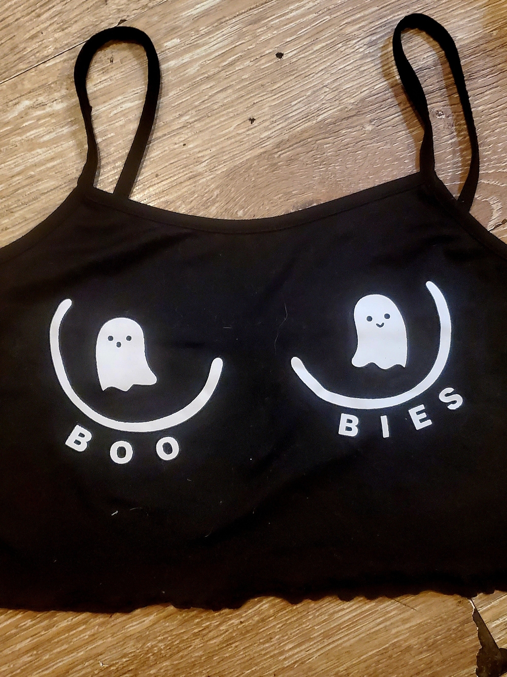 Black 'Boo Bies' Ghost-Print Bralette With Lettuce Hem